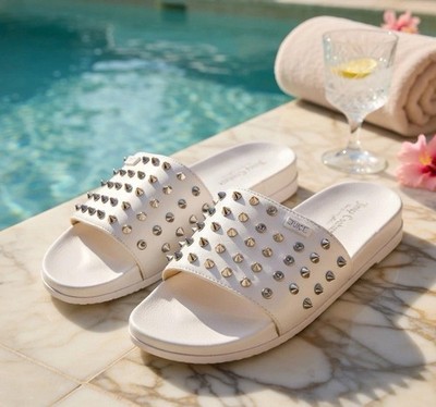 Juicy Couture Slone White Slip On Sandal & Cone Studded Spike Women s Size 10