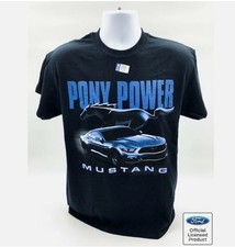 Ford Mustang T-shirt - Black W Blue Pony Power Script Running Pony Logo Ford Mustang T-shirt - Black W Blue Pony Power Script Running Pony Logo