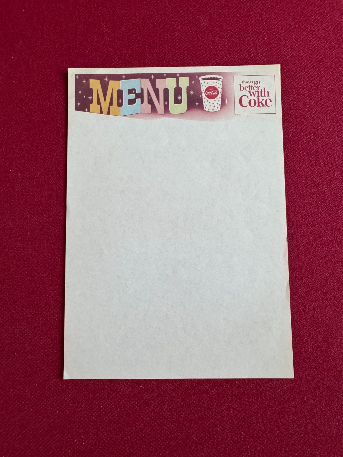 1960's, Coca-Cola, "Un-Used" Snowflake Cup Logo Menu Sheet (Scarce / Vintage)