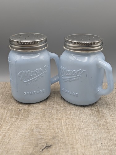 Blue Mason Ball Jar Salt & Pepper Shakers W/Handles Country Farmhouse