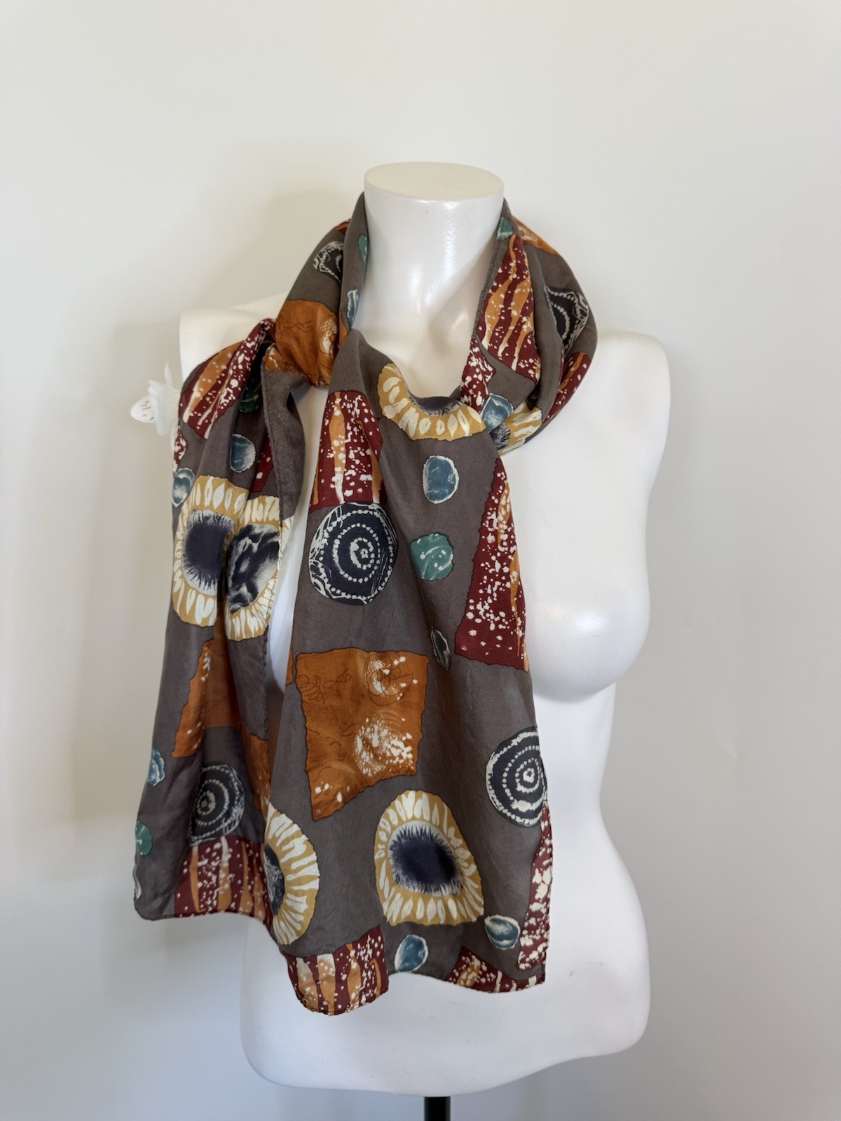 Vintage Silky Scarf Rectangular Brown Orange Teal… - image 6