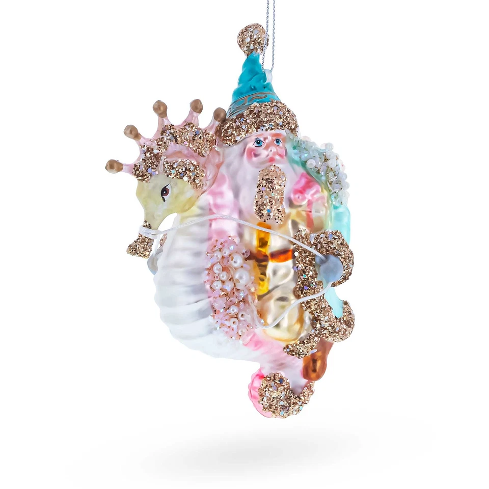 Nautical Santa Riding Seahorse Blown Glass Ornament - Image 2 of 4