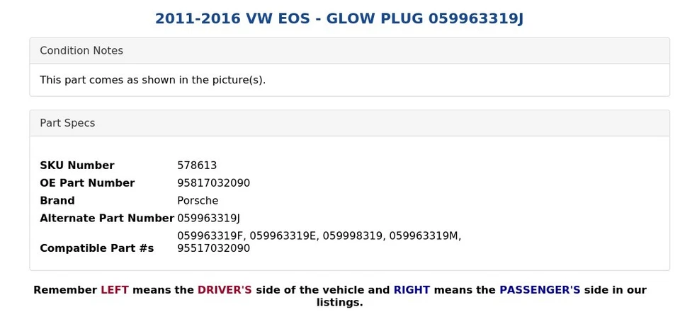 2011-2016 大众 EOS - GLOW PLUG 059963319J — 第 3/4 张图片