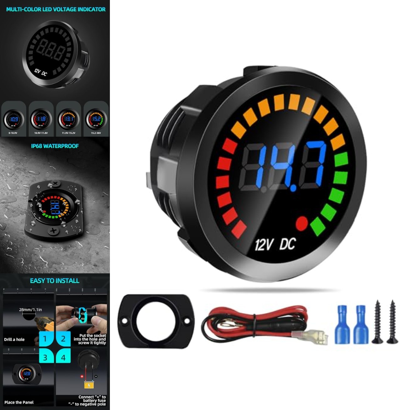 Round Digital Voltmeter Gauge DC 12V LED 3 Color Display IP65 ...