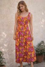 Vintage 90s Floral Rayon Dress Button Front Midi Tropical Size 10