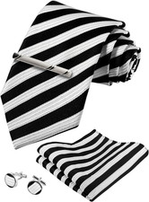 TIE G Stripe Plaid Mens Ties Set in Black Gift Box: Necktie and Pocket Square, C