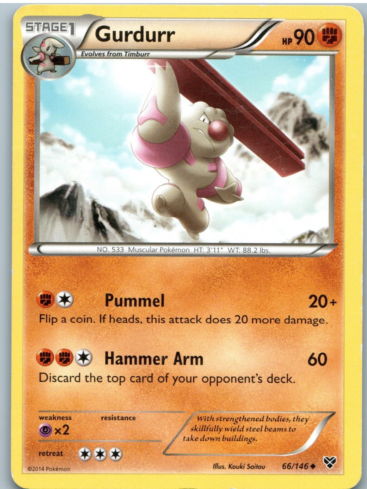 Gurdurr 66/146 Uncommon XY Base Set Pokemon Moderately Played