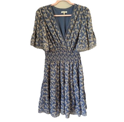 Max Studio women s short dress size L V-neck flutter sleeve stretchy waist blue