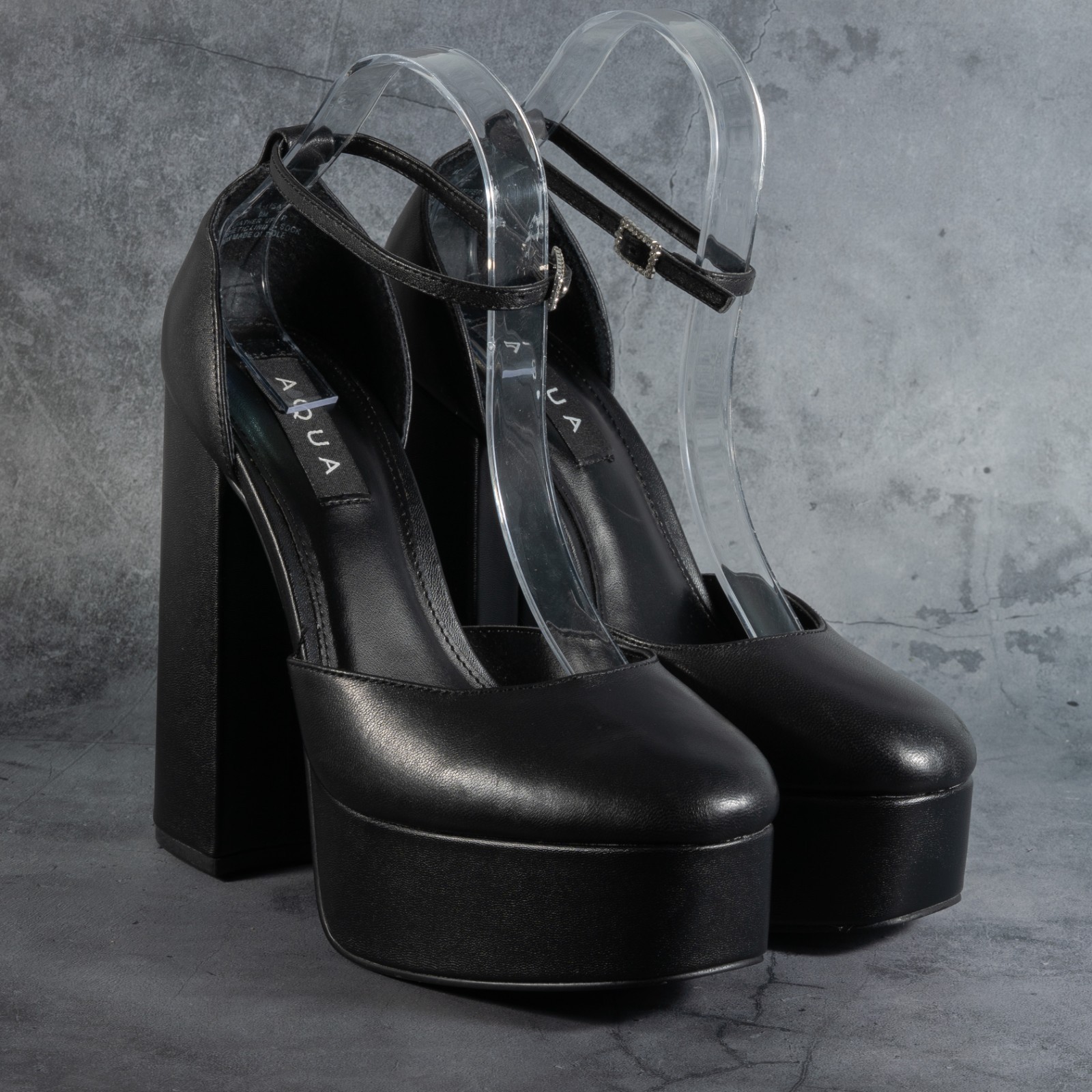 Aqua Lisa Leather Ankle Strap Platform Pumps Block Heel Square Color Black 8 M