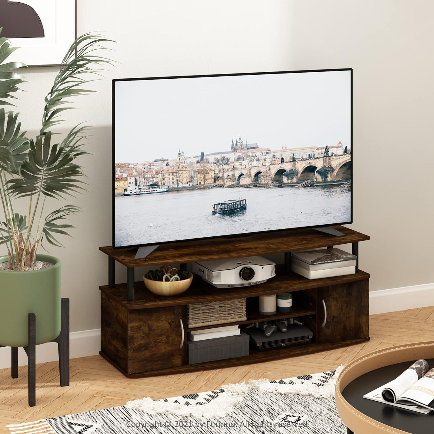 Unit/tv Desk For Up To 55 Inch Amber Pine/ Black