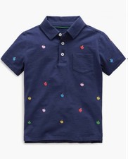 Mini Boden Navy Polo Shirt Embroidered Multicolor Fruits Apples 9-10Y Cotton