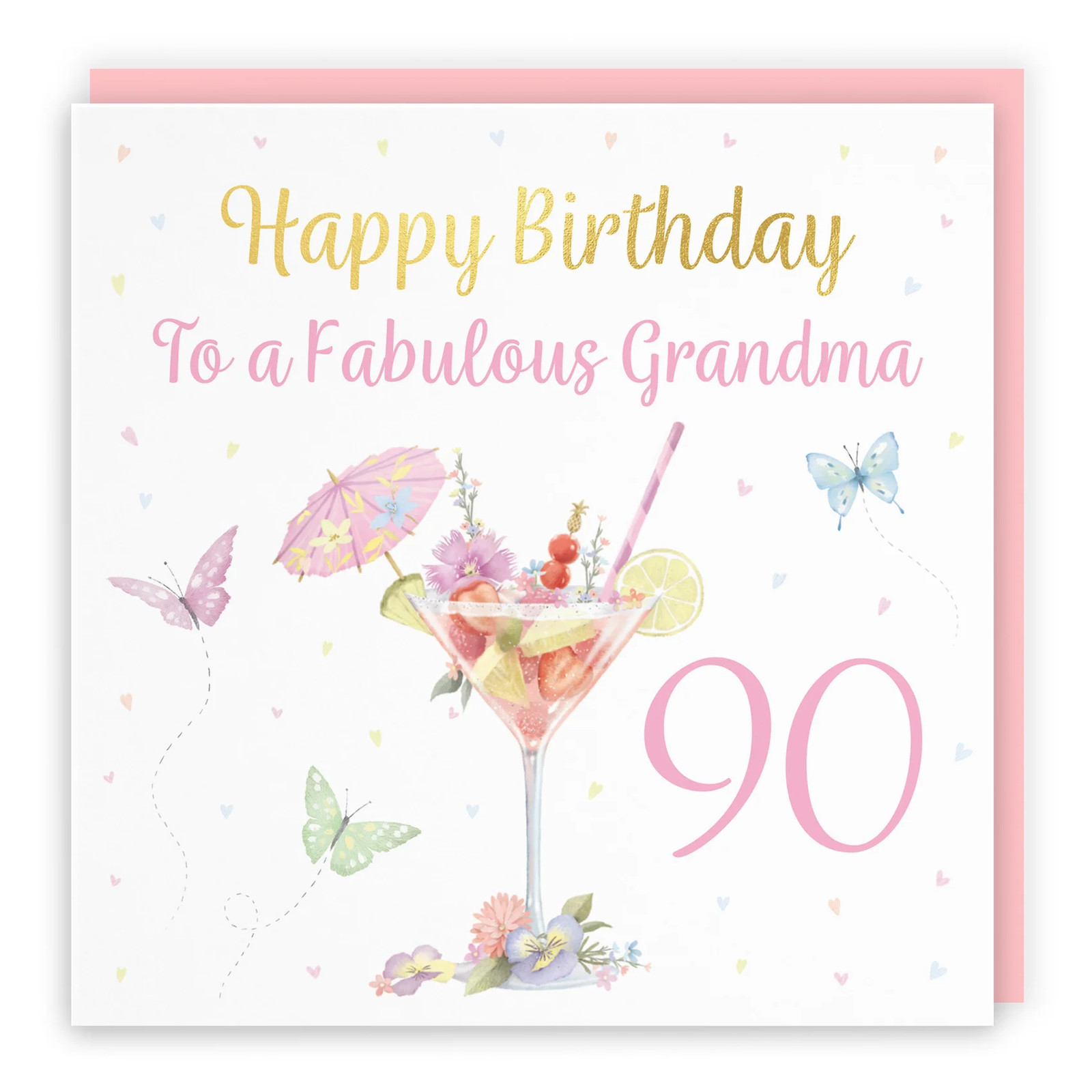 90th Grandma Pink Cocktail And Butterflies Birthday Card Gold Foil Milo's Galle