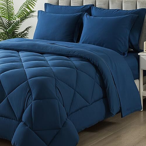 Size Comforter Set, 7 Pieces Bed in a Bag, Bedding Sets with All Queen Navy