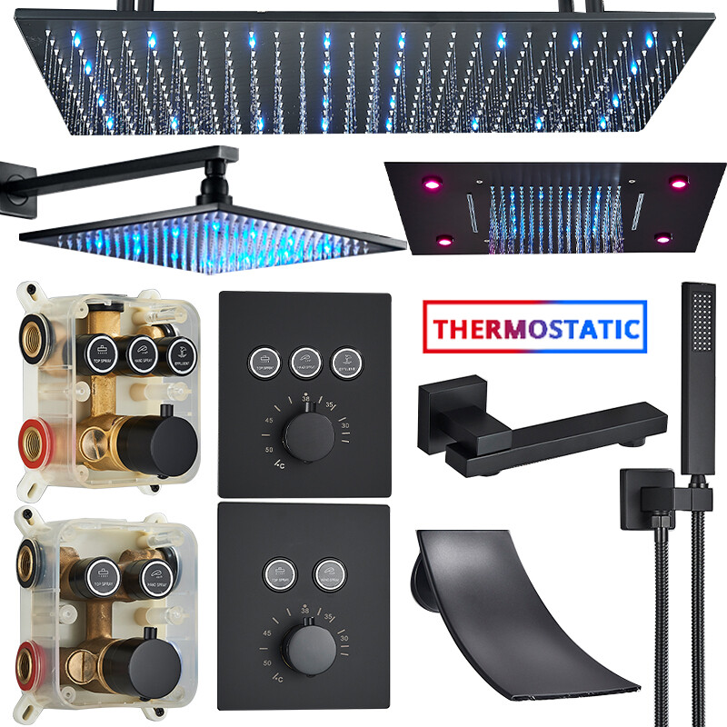Juego de grifos de ducha empotrados negros con termostato ibox ducha de cabeza ducha de lluvia