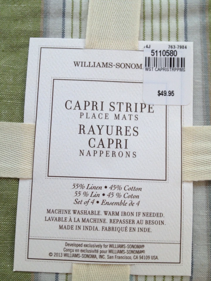 Williams Sonoma Capri Stripe Place Mats Sage Green Linen Cotton Set of 4 - Image 2 of 4