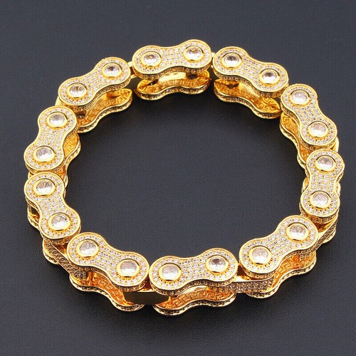5AAA+ CZ Ice Out Hip Hop Bling Bicycle Chain Bracelet 24k Real Gold Plated - Picture 14 of 14