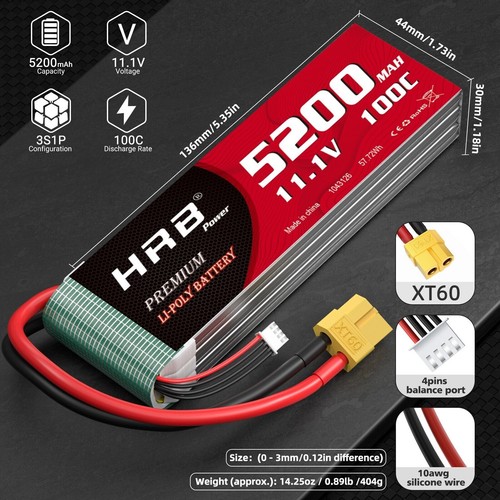 2Stück HRB 3S 5200mAh 11,1V XT60 100C Lipo Akku für RC Hubschrauber Drohone Boot - Bild 2 von 7