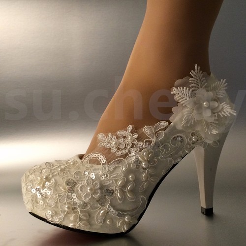 Zapatos de salón su.cheny 3"" 4"" tacón blanco marfil encaje perlas - Imagen 10 de 11