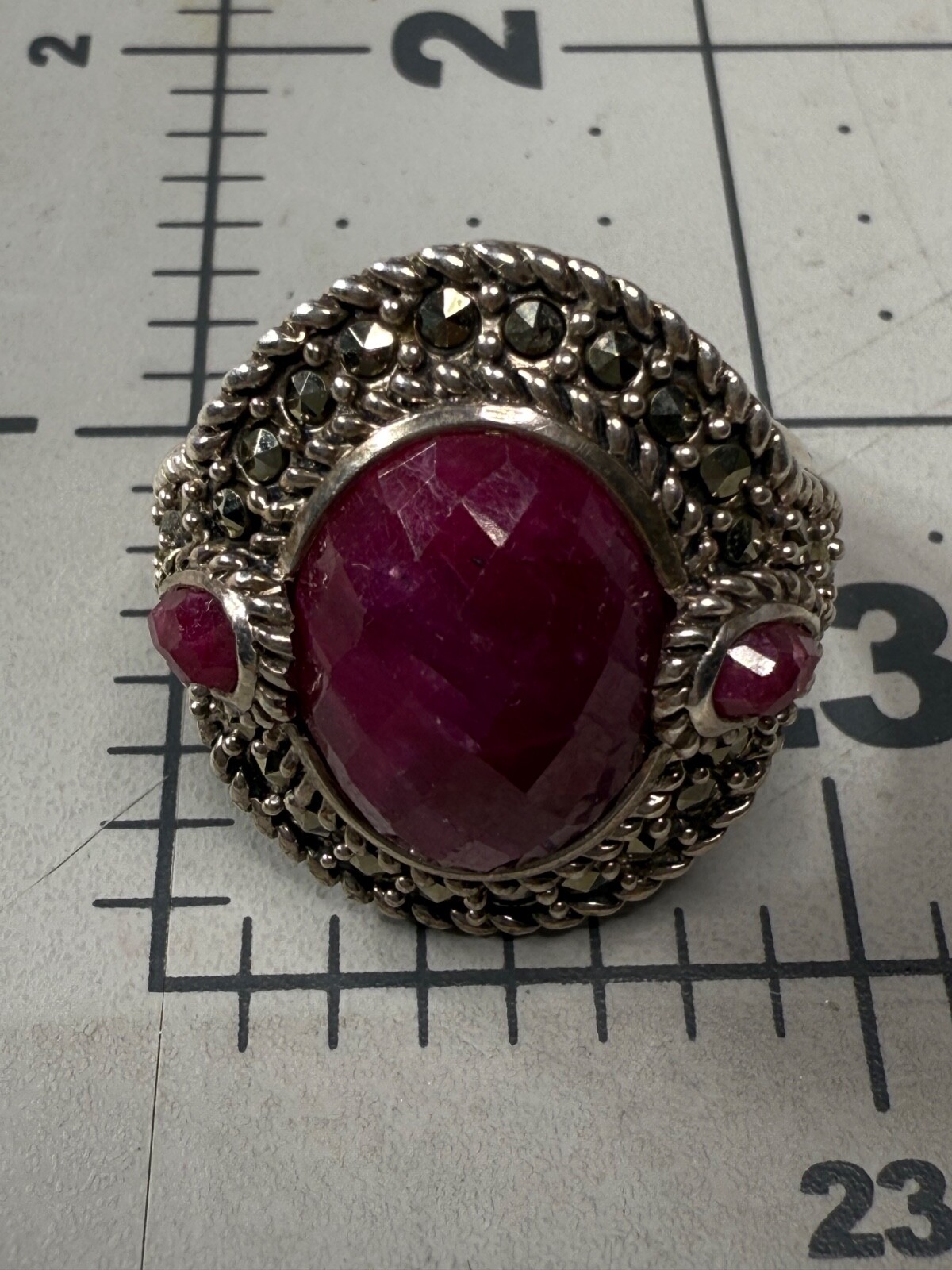 Sterling Silver Ring Marcasite & Composite Ruby-T… - image 7