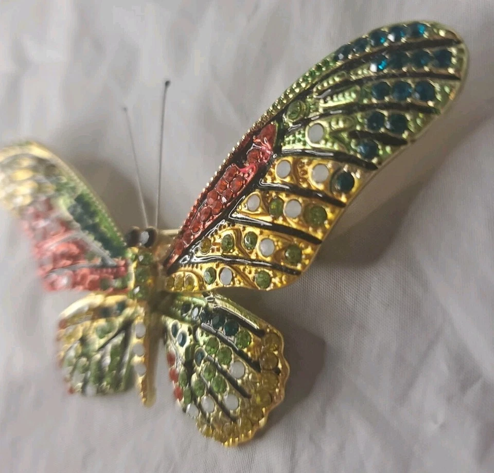 Hermoso broche mariposa grande verde rojo naranja amarillo y blanco pedrería  Foto 2 de 4