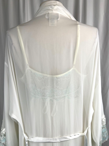 New Jonquil by Diane Samandi Peignoir Set Gown and Robe Ivory w/ AQUA, Lace Sz L - Picture 22 of 24