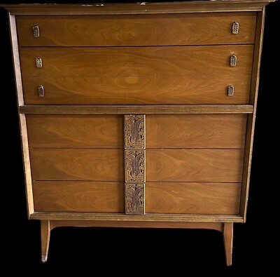 Vintage BASSETT MAYAN Tall Chest Highboy Dresser Mid Century