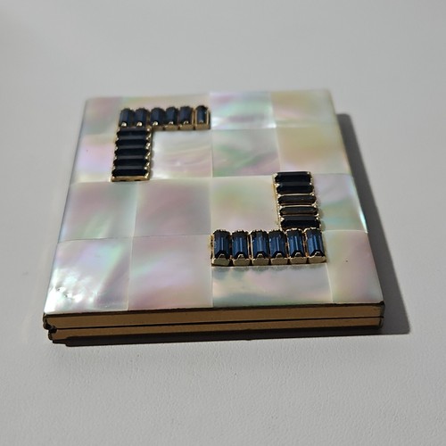 Specchio compatto vintage Art Deco strass blu e MOP polvere trucco - Foto 5 di 10