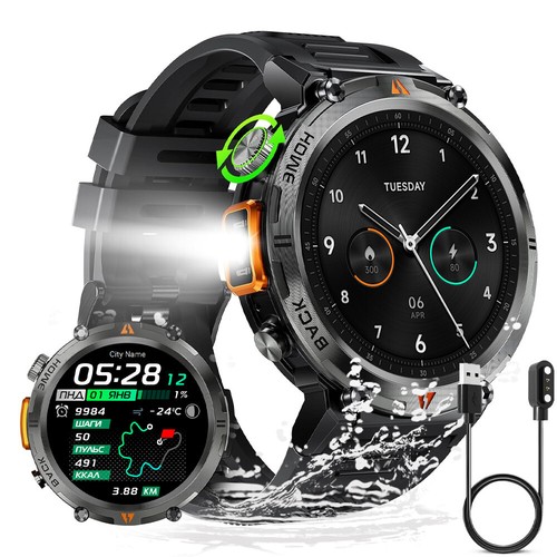 Smartwatch Herren mit Telefonfunktion, Wasserdicht Militär Smartwatch mit LED