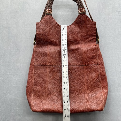 The SAK Leather Shoulder Bag Purse Fold Over Embossed Crossbody Rust Boho Woven - Picture 14 of 17