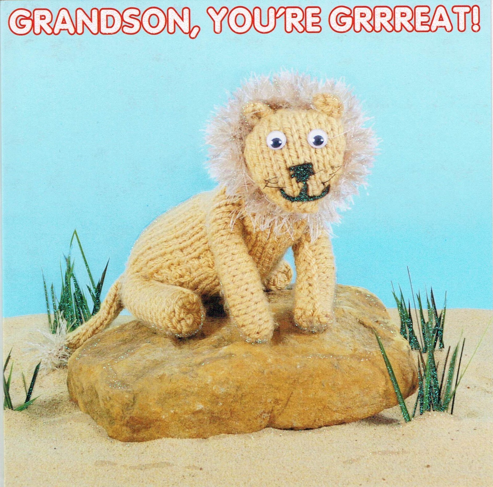 GRANDSON BIRTHDAY CARD FUN CARD from the knit and Purl Collection Lion Design