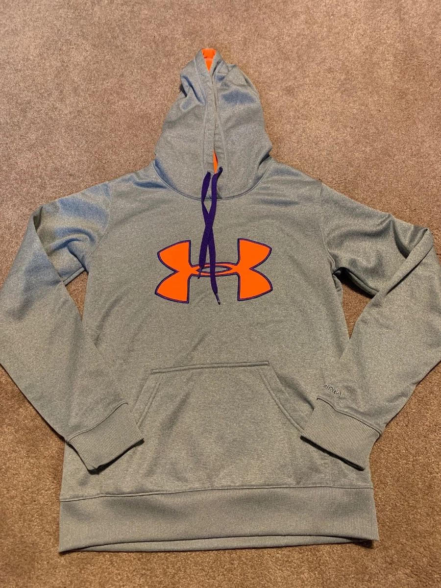 Men Under Armour Gray Orange Big Logo Storm Hoodie Sweatshirt XS Semi Fitted