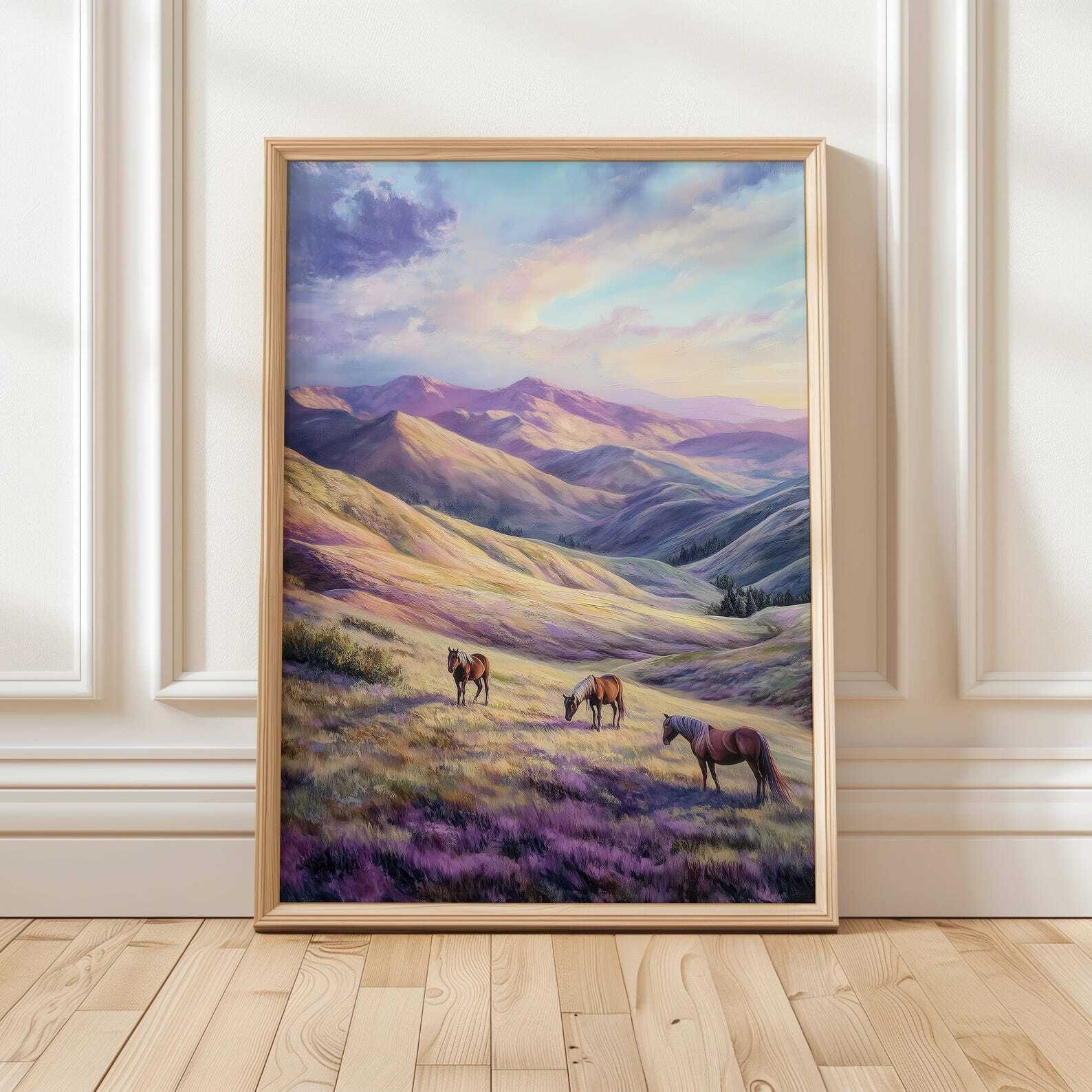 Mountain Landscape Horses Art Print  Serene Nature Wall Decor  Wild Horses
