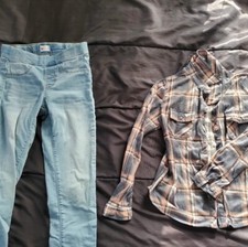 girl 12 pull on jeggings and plaid button front
