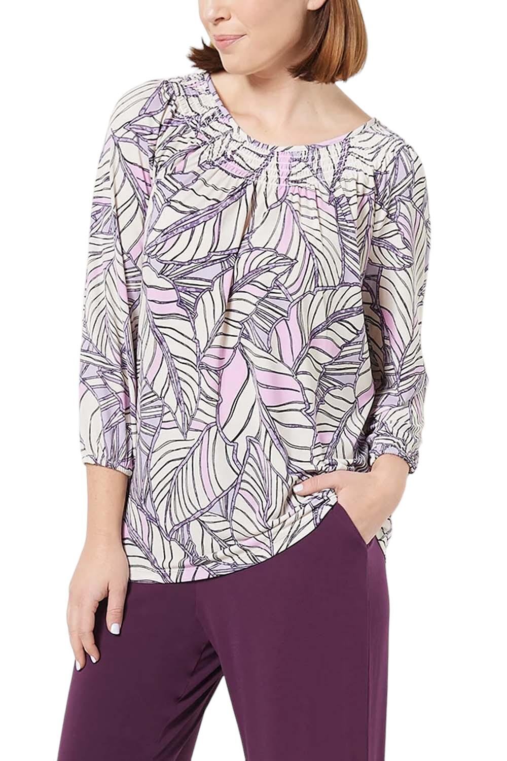 Вязаный топ из жидкого трикотажа с принтом Susan Graver с рукавами 3/4 и круглым вырезом горловины сиреневого цвета