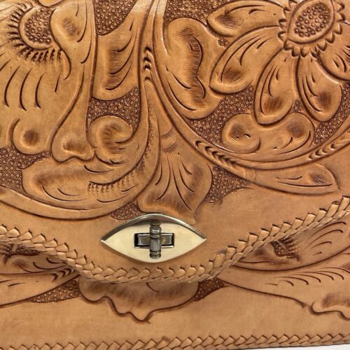 Vintage mittelgroße Leder Handtasche Handtasche braun geprägt Blumen Western 60er - Bild 3 von 11