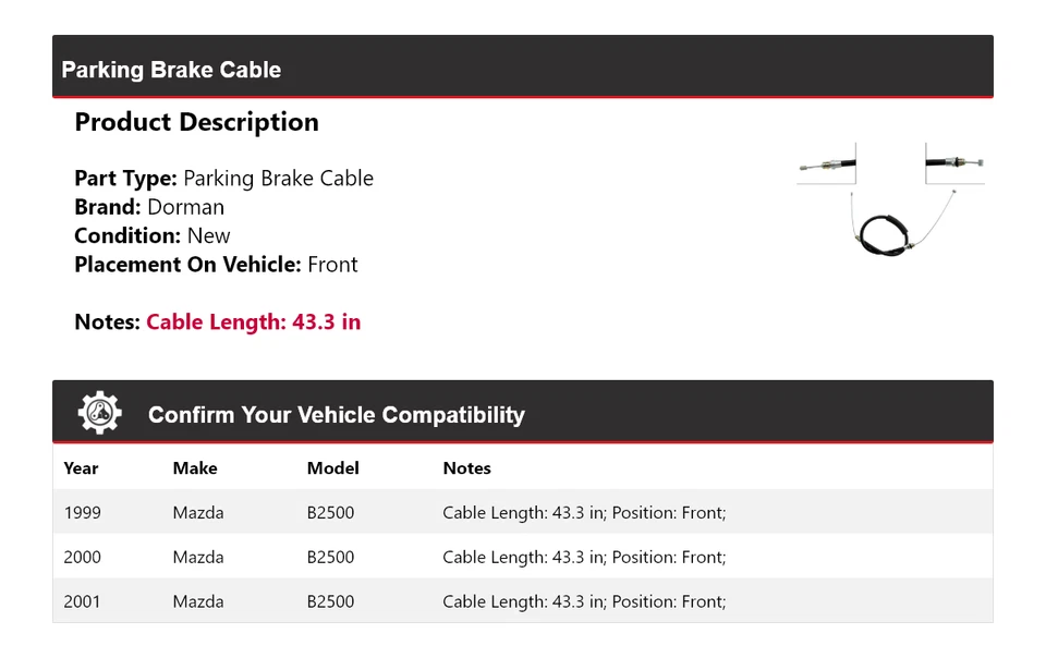Cable de freno de estacionamiento delantero 2000 para Mazda B2500 Dorman 1999-2001 Foto 2 de 4
