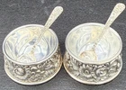 S. Kirk & Son Sterling Silver Pair of Salt Cellars W/ Matching Spoons Repousse