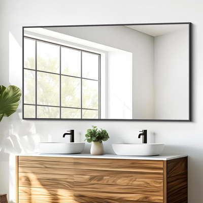 Modern Black Rectangle Wall Mirror, 30x50 Inch Metal Frame for Bathroom & Entryw