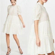 ULLA JOHNSON Dhalia Gold Lurex Tiered Mini Silk Dress Sz 0 Ruffle Sheer Metallic