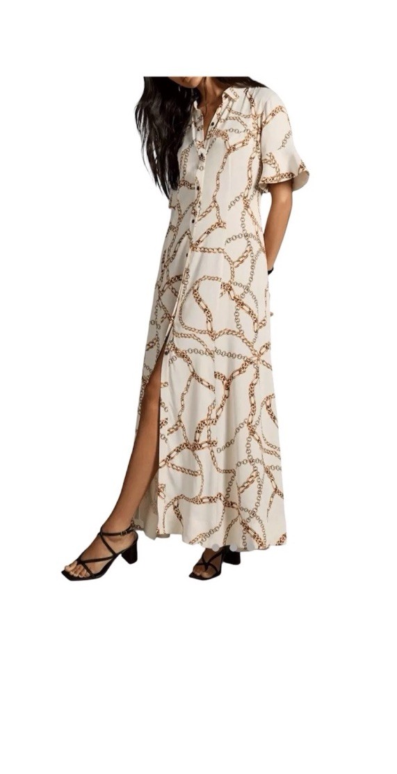 Maeve Anthropologie Printed Chain Maxi Shirt Dress SmallWhite Short Bell Sleeves