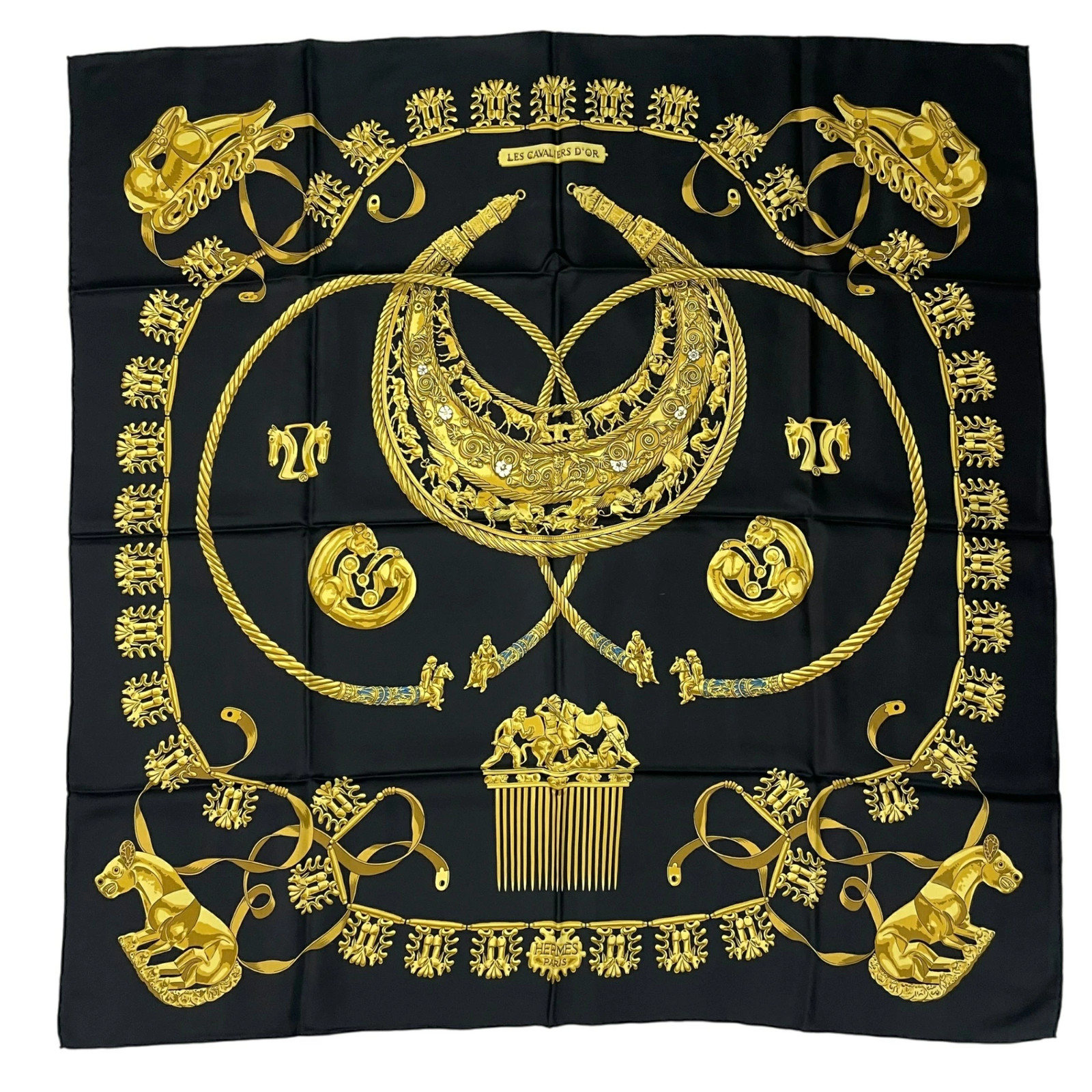 Hermes Scarf Silk Carre90 Les Cavaliers D'Or Golden Knight Black
