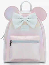Loungefly Disney Minnie Mouse Pink Pearl Mini Backpack with white bow