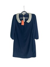 Tulle Navy Retro Dress Pearl Beaded Collar Peter Pan 3/4 Sleeve L Party Holiday