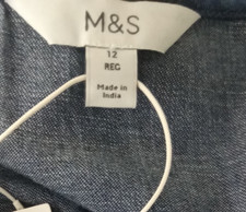 M&S Women's Dress Blue Denim 100% Cotton V-Neck Button Up 3/4 Sleeve New