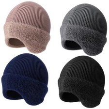 4 Pcs Winter Beanie with Earflap Knit Thermal Khaki, Gray, Navy Blue, Black