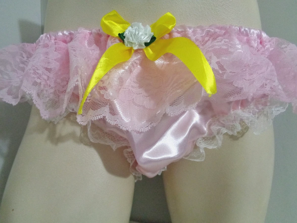 WHITE LILAC SISSY Sheer Nylon Frilly Satin Bow Brief Panties Knickers
