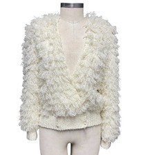 Vintage Womens Hand Crochet Cardigan Sweater M Boho Cream Fuzzy Knit Cottagecore