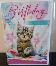 CUTE CAT FEMALE MALE BIRTHDAY CARD 7"X5" FLUFFY TABBY KITTEN  & FLOWERS FREE P&P