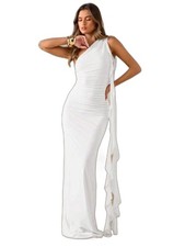 White One Shoulder Ruched Maxi Dress Asymmetric Ruffle Cascade Gown-M