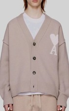 AMI Paris Alexandre Mattiussi Luxe Beige Cardigan w/ White Heart Logo, L
